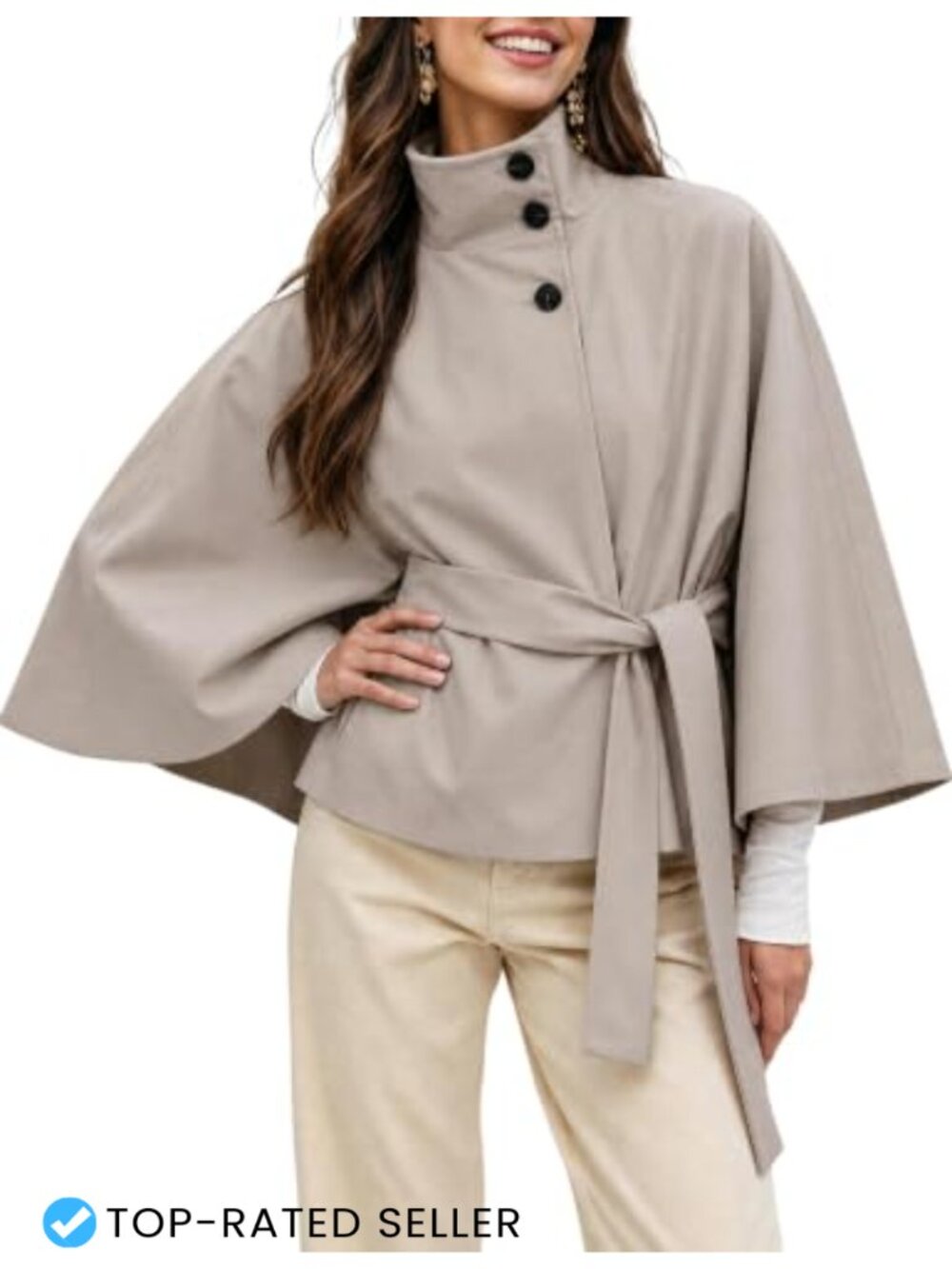 Womens Cape Trench Jacket Funnel Neck Belted Short Coat